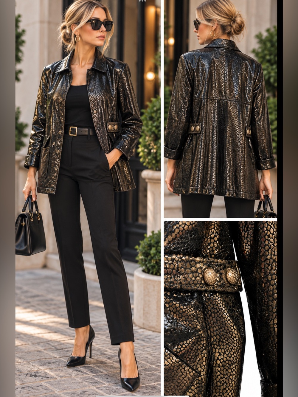 Vintage Maxime Italy Black Snake Embossed Leather Jacket US 8 Oversized Luxe